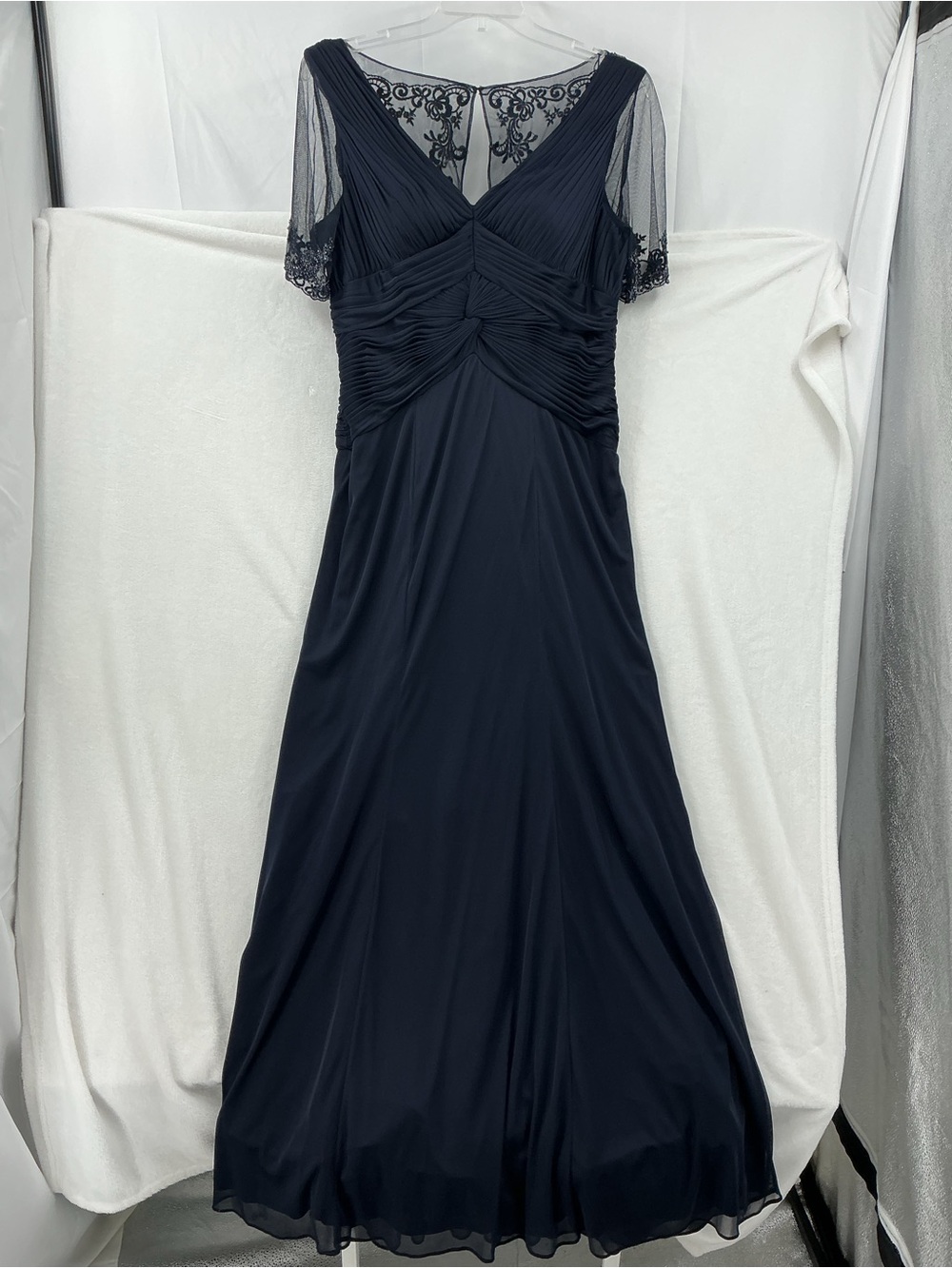Adrianna Papell Navy V-Neck Maxi Dress with Sheer Short Sleeves 1138 - Picture 3 of 7
